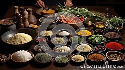 A table topped with bowls filled with different types of spices. AI. Stock Photo