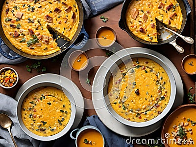A Table Topped With Bowls Of Soup And Bowls Of Soup. Generative AI Stock Photo