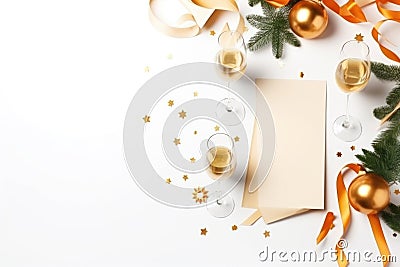 A table topped with champagne glasses and christmas decorations, AI Stock Photo
