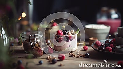 a table topped with a jar of food and a plate of berries on top of a wooden table next to a cup of coffee and saucer Stock Photo