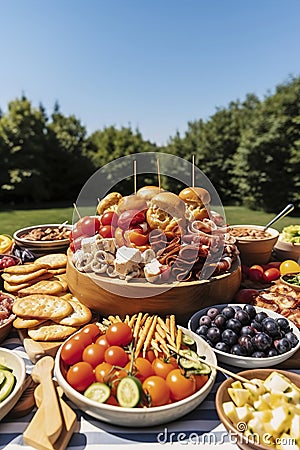 A table topped with lots of different types of food Stock Photo