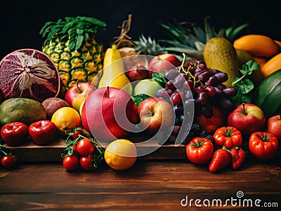 A table topped with lots of different types of fruits and vegetables. AI generative image. Stock Photo