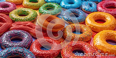 A table topped with lots of donuts covered in sprinkles. Generative AI image. Stock Photo