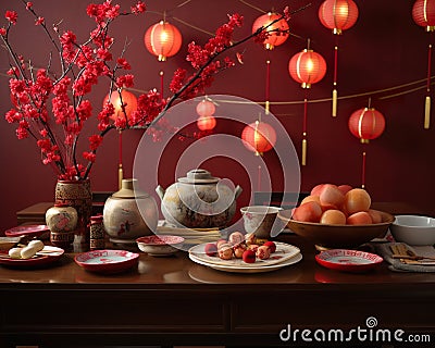 A table topped with plates and bowls filled with food. AI generative image Stock Photo
