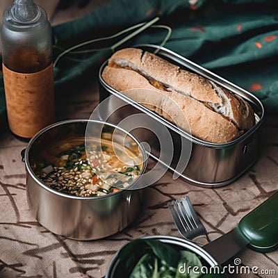 A table topped with two metal containers or lunchboses filled with food. AI generative image. Stock Photo