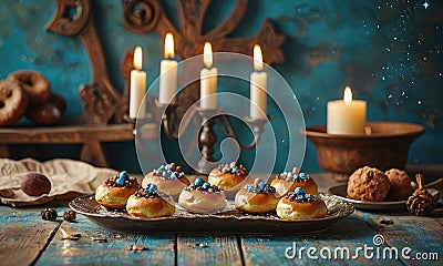 A table with a tray of pastries and a candle holder. Stock Photo