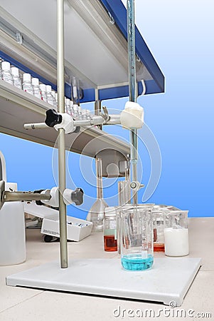 Table with tubes, proofs, vials Stock Photo