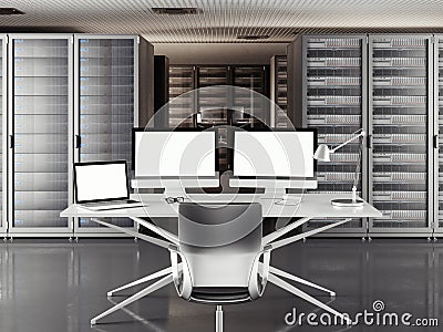 Table with two displays and laptop in a large server room. 3d rendering Stock Photo