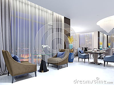 A table with two easy chairs in the contemporary lounge restaurant. Lighted comfortable space with large windows with evening Stock Photo