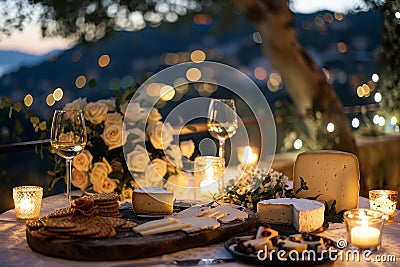 A table with two glasses of champagne, a bottle of champagne Stock Photo