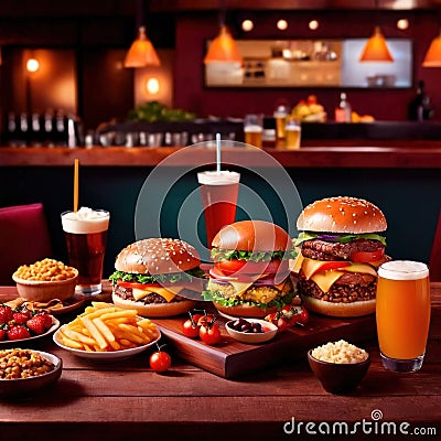 Table with a variety of food and drink, buffet smorgasbord potluck assortment Stock Photo