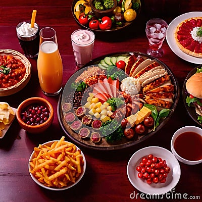 Table with a variety of food and drink, buffet smorgasbord potluck assortment Stock Photo