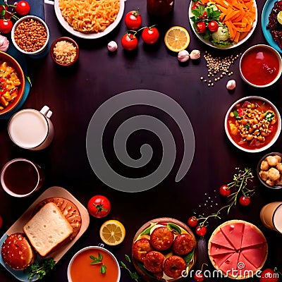 Table with a variety of food and drink, buffet smorgasbord potluck assortment Stock Photo