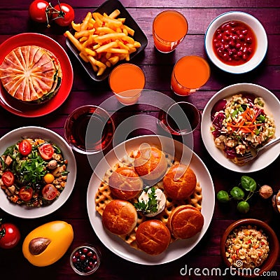 Table with a variety of food and drink, buffet smorgasbord potluck assortment Stock Photo