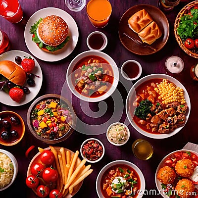 Table with a variety of food and drink, buffet smorgasbord potluck assortment Stock Photo