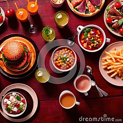 Table with a variety of food and drink, buffet smorgasbord potluck assortment Stock Photo