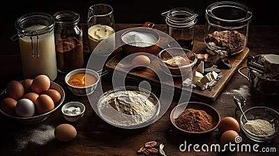 a table with various baking ingredients on it including eggs. Generative Ai Stock Photo