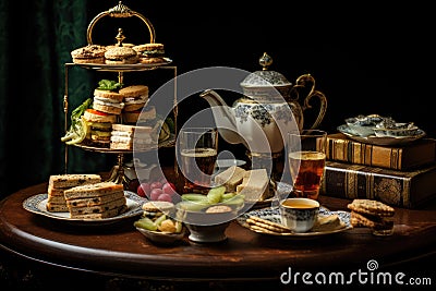 A table with various plates of food and a tea pot placed on top, Classic English afternoon tea with sandwiches and pastries, AI Stock Photo