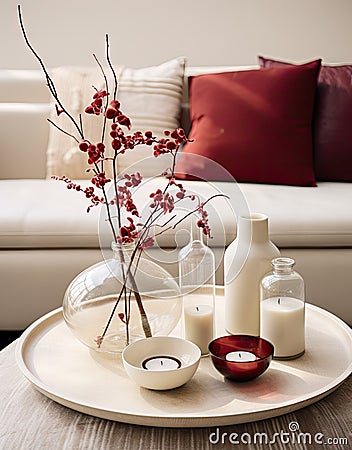 a table with a vase and candles on it Stock Photo