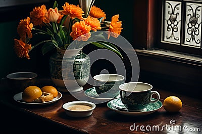 a table with a vase of flowers and two cups and saucers Stock Photo