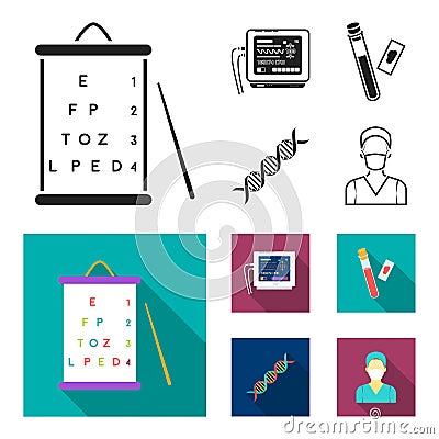 A table of vision tests, a blood test, a DNA code, an ECG apparatus. Medicine set collection icons in black, flat style Vector Illustration