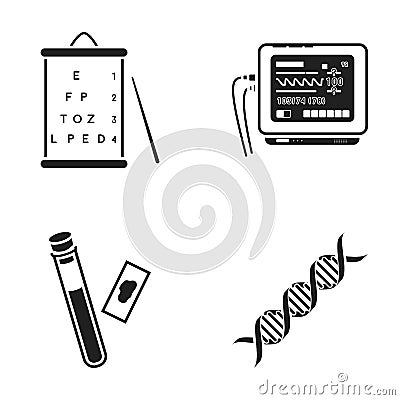 A table of vision tests, a blood test, a DNA code, an ECG apparatus. Medicine set collection icons in black style vector Vector Illustration