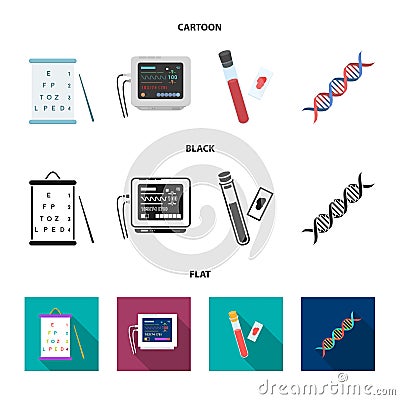 A table of vision tests, a blood test, a DNA code, an ECG apparatus. Medicine set collection icons in cartoon,black,flat Vector Illustration