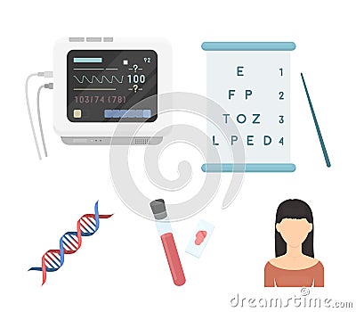 A table of vision tests, a blood test, a DNA code, an ECG apparatus. Medicine set collection icons in cartoon style Vector Illustration