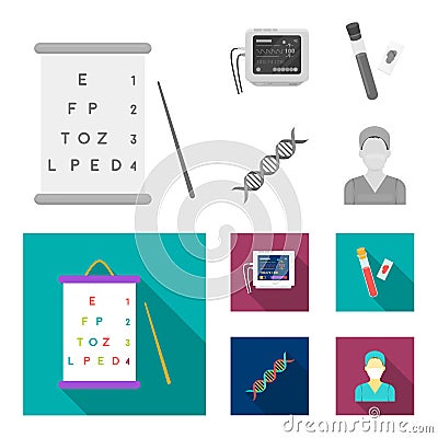 A table of vision tests, a blood test, a DNA code, an ECG apparatus. Medicine set collection icons in monochrome,flat Vector Illustration