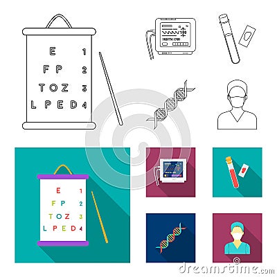 A table of vision tests, a blood test, a DNA code, an ECG apparatus. Medicine set collection icons in outline,flat style Vector Illustration