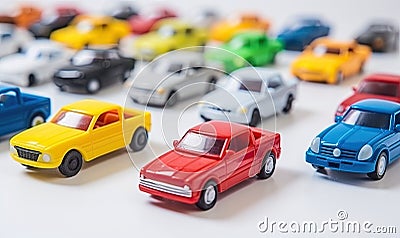 The table was covered with a colorful array of toy cars, creating a miniature traffic jam Stock Photo