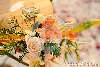Table for the wedding ceremony, flower arrangement. Wedding deco Stock Photo