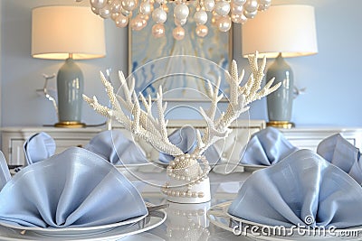 table with a white coral chandelier above, bluewhite porcelain, and pearl napkin rings Stock Photo