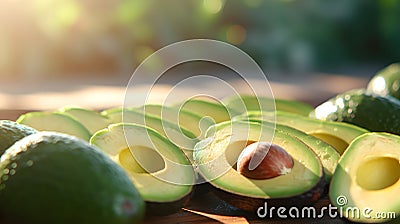 A tableau of avocados bathed in the soft rays of natural sunlight. Generative AI Stock Photo