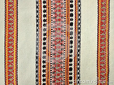 Tablecloth embroidered with threads, close-up, top view, Ukrainian traditions. Stock Photo
