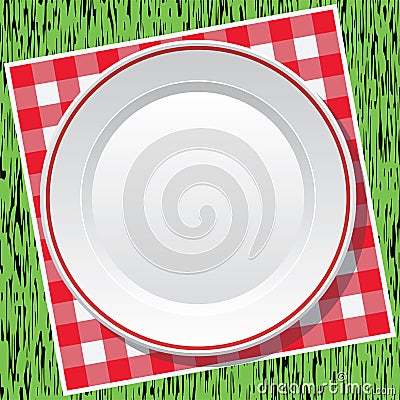 Tablecloth and empty plate on green grass, vector Vector Illustration