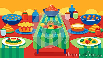 Tables adorned with colorful tablecloths and an array of dishes representing the diverse backgrounds of the community Vector Illustration