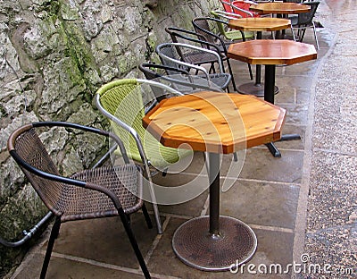 Tables and chairs at riverside in San Antonio, Texas. Stock Photo