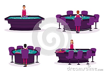 Tables for poker, blackjack, craps and roulette. Croupier in a casino for different types of gambling vector set. Casino Vector Illustration