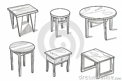 Tables sketched set, different line drawing desks, square and round tables, furniture doodles Cartoon Illustration