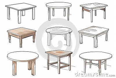 Tables sketched set, different line drawing desks, square and round tables, furniture doodles Cartoon Illustration