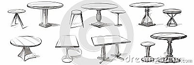 Tables sketched set, different line drawing desks, square and round tables, furniture doodles Cartoon Illustration