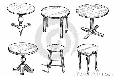 Tables sketched set, different line drawing desks, square and round tables, furniture doodles Cartoon Illustration