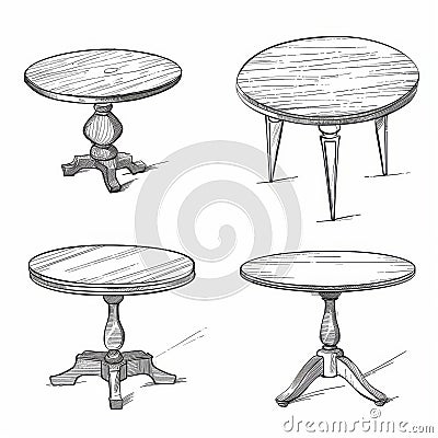 Tables sketched set, different line drawing desks, square and round tables, furniture doodles Cartoon Illustration