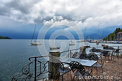 Tables in a small cafe at the waterfront Editorial Stock Photo