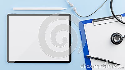 Tablet blank screen mockup for display with stethoscope, medical clipboard on blue background Cartoon Illustration