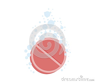 Tablet with bubbles. Effervescent dissolving aspirin pill in fizzy water. Vitamin drug with bubbles. Vector Illustration