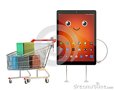Tablet cartoon character with shopping cart. 3D illustration. Co Cartoon Illustration