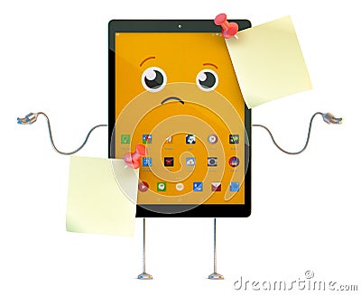 Tablet cartoon character with sticky notes. 3D illustration. Con Cartoon Illustration