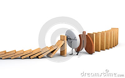 Tablet character stopping Falling wooden Dominoes. concept for Lung protection. Lung risk. 3d illustration. Cartoon Illustration